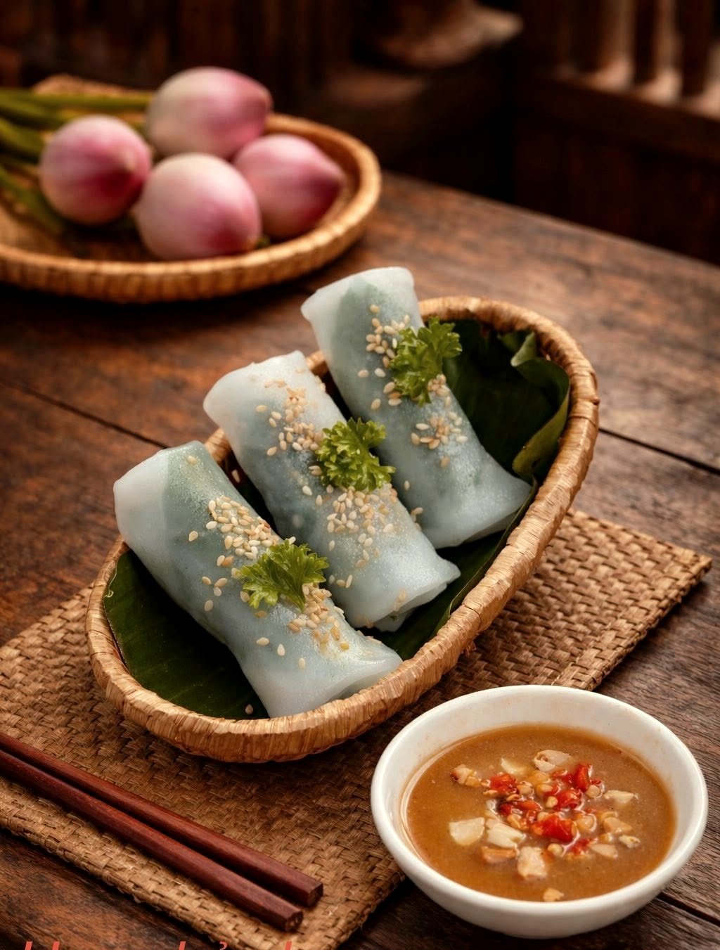 Bánh ướt cuộn rắc mè trên mẹt tre