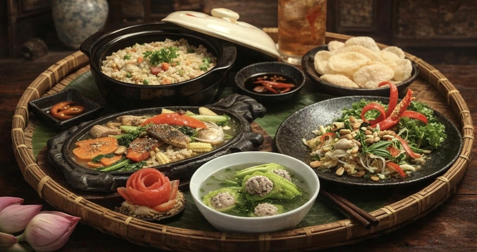 Mâm tiệc chay dọn trên bàn gỗ