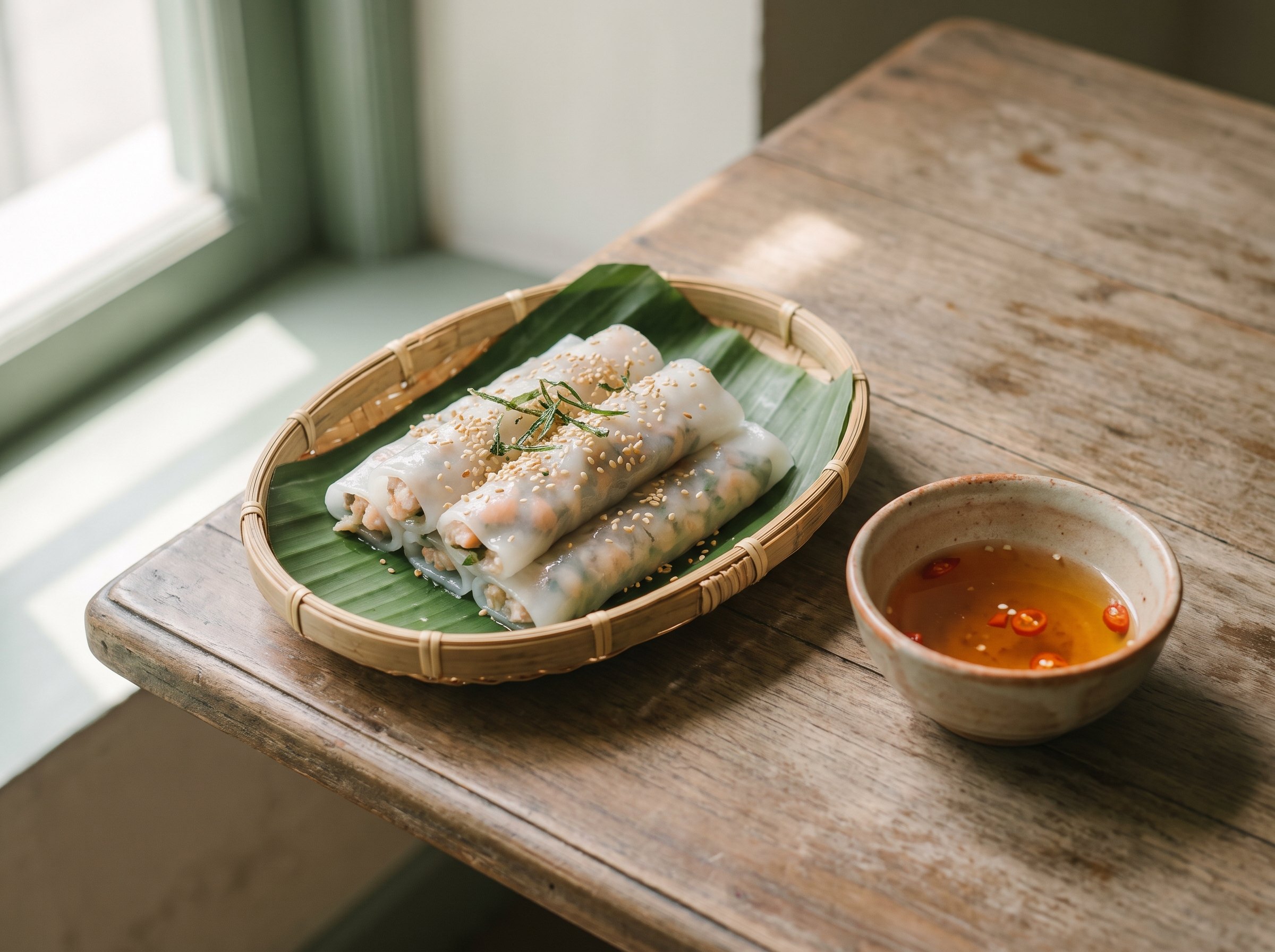 Bánh ướt cuộn rắc mè trong rổ tre