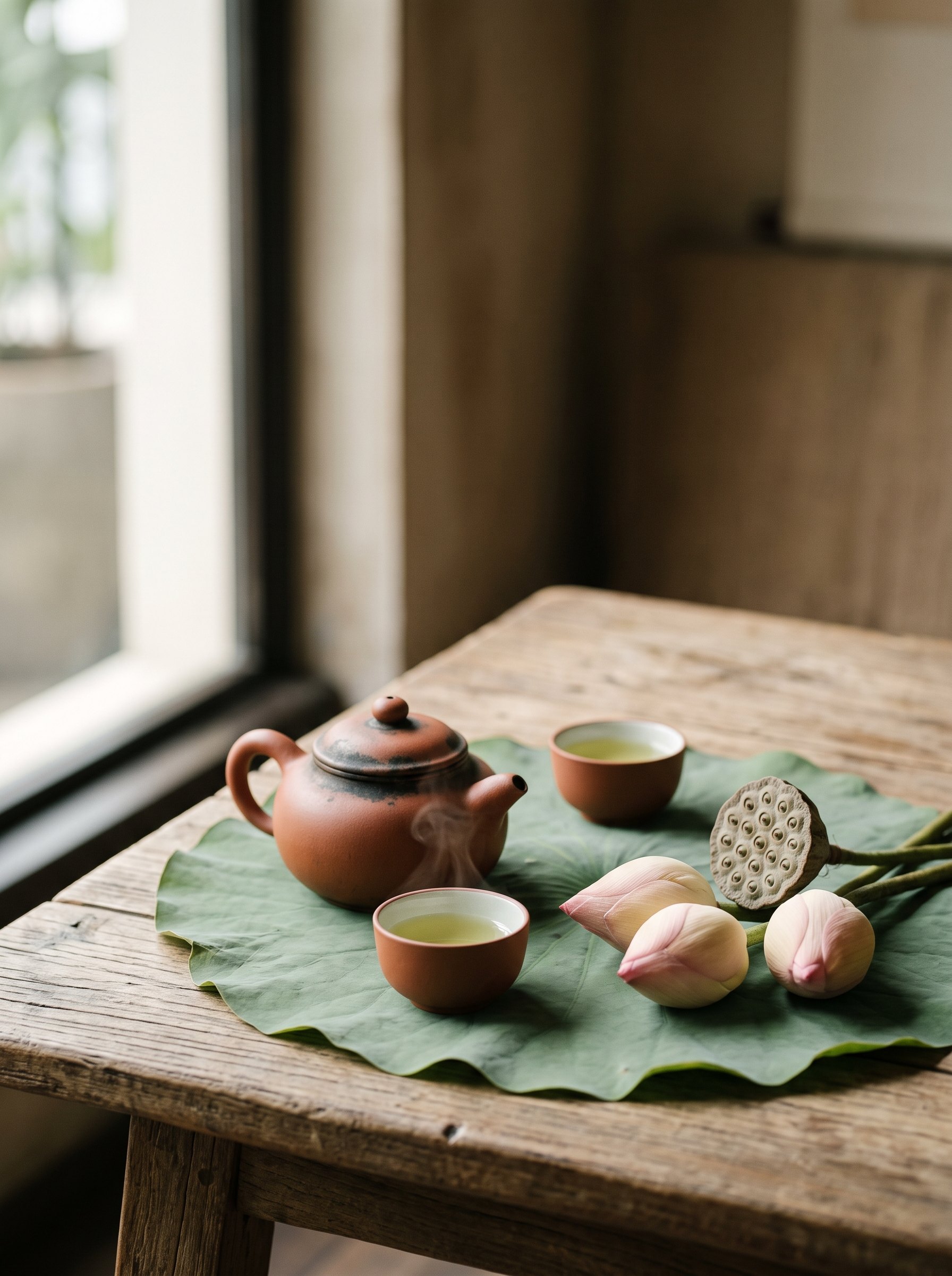 Ấm trà đất nung và nụ sen trên lá sen