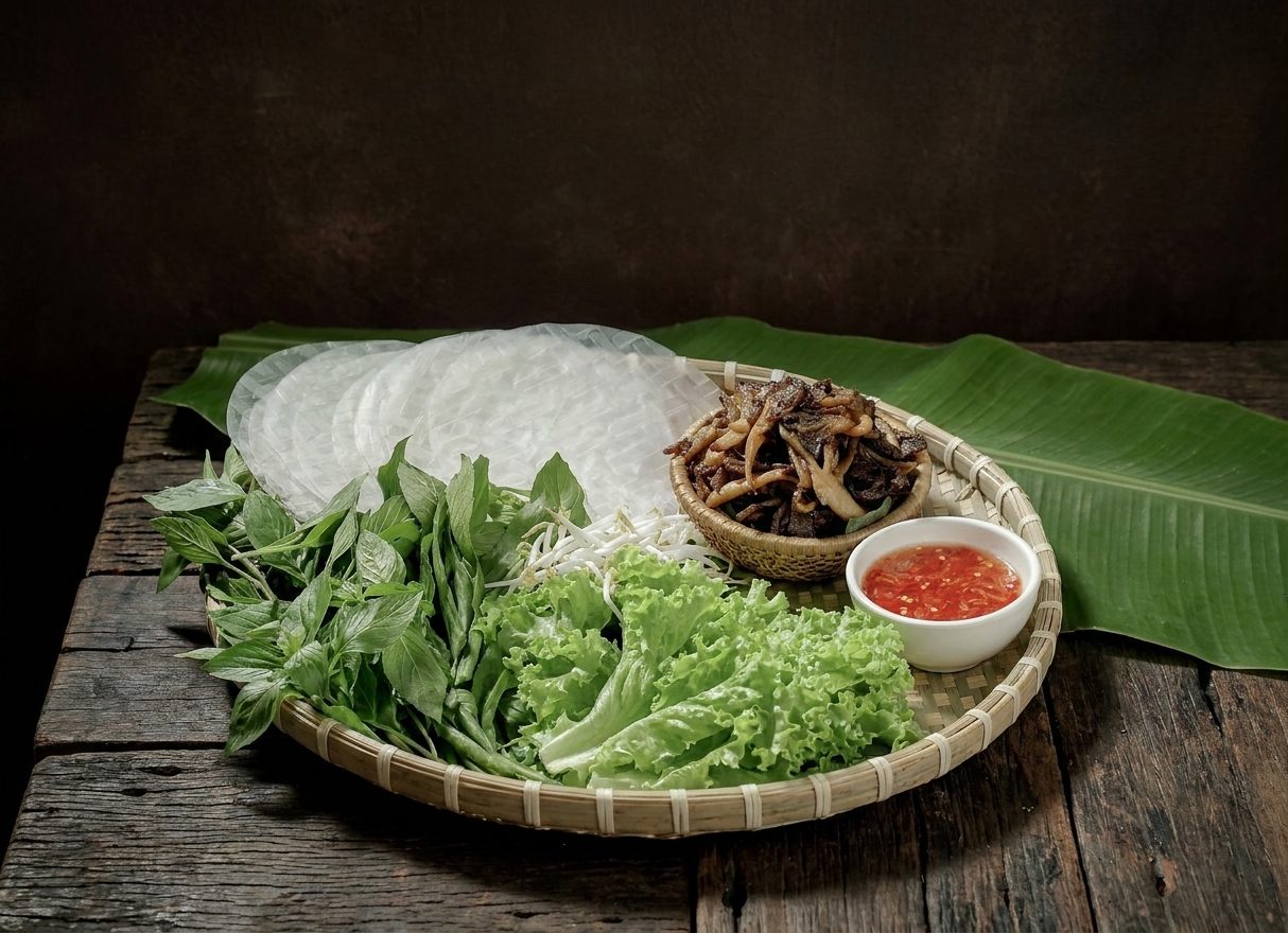 Mẹt bánh tráng, rau sống và nấm kho chấm sốt