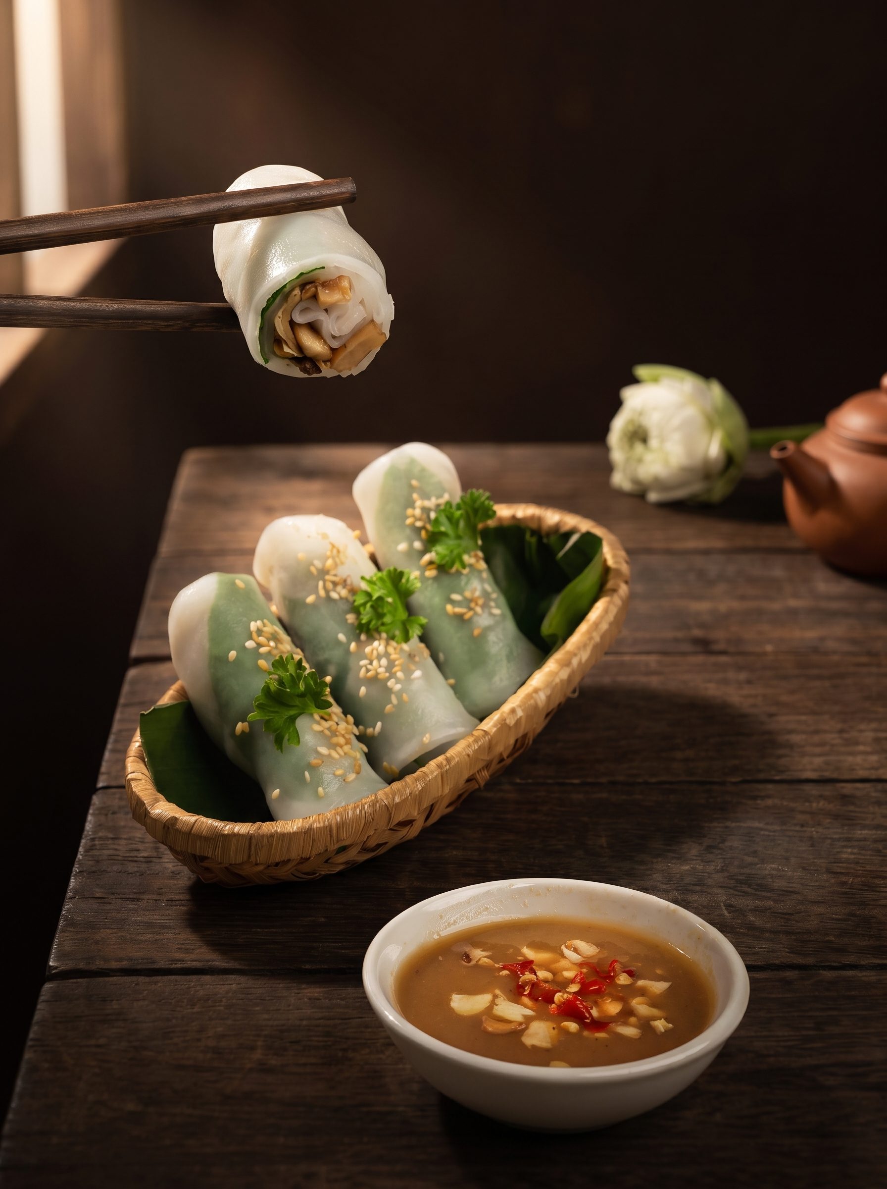 Bánh ướt cuộn rắc mè trong rổ tre, gắp bằng đũa gỗ