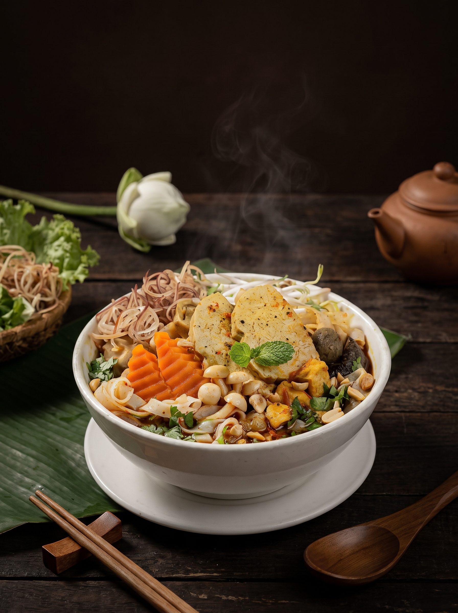 Tô bún Huế chay với chả và rau thơm