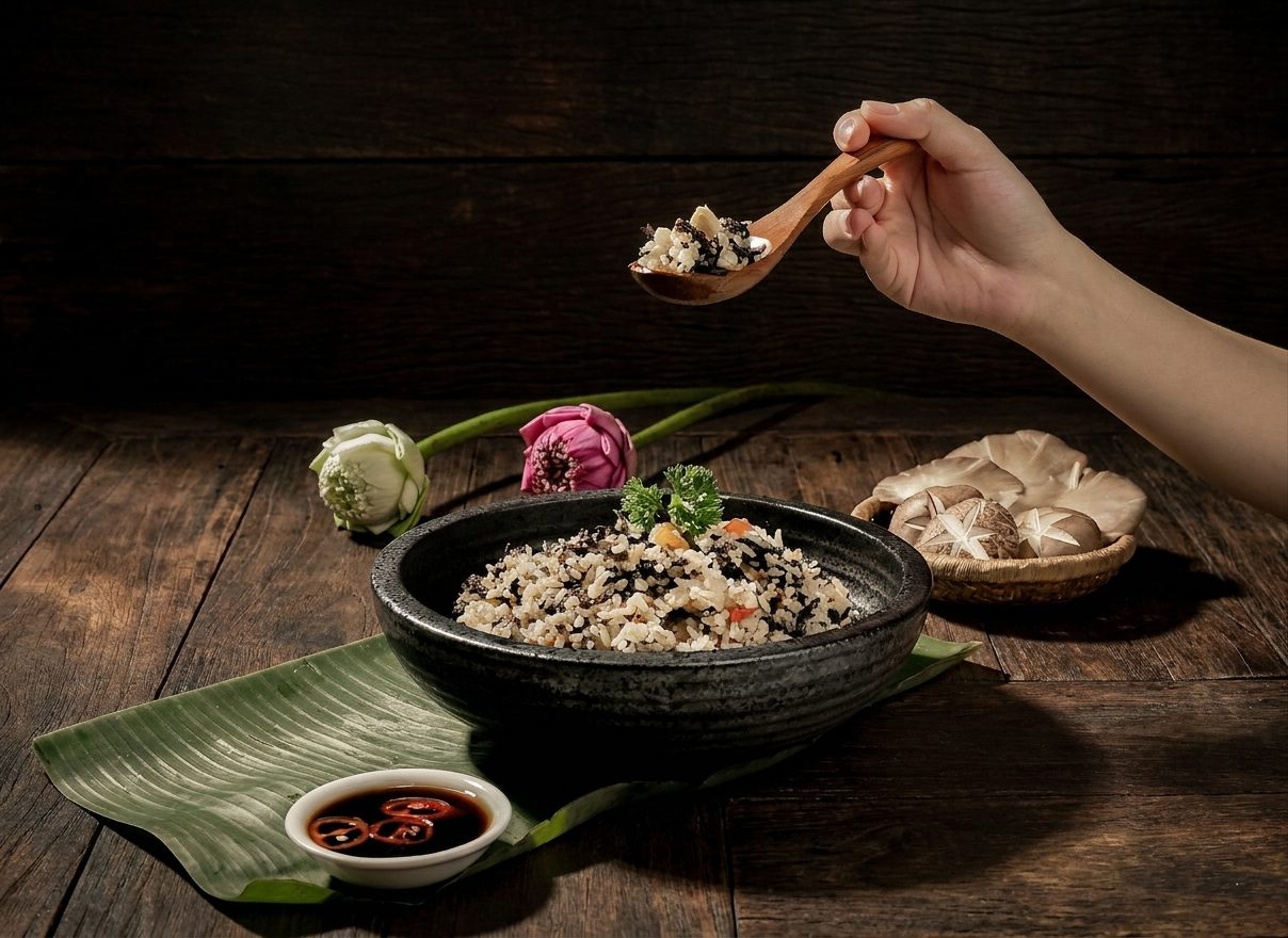 Cơm gạo lứt rong biển bên nụ sen