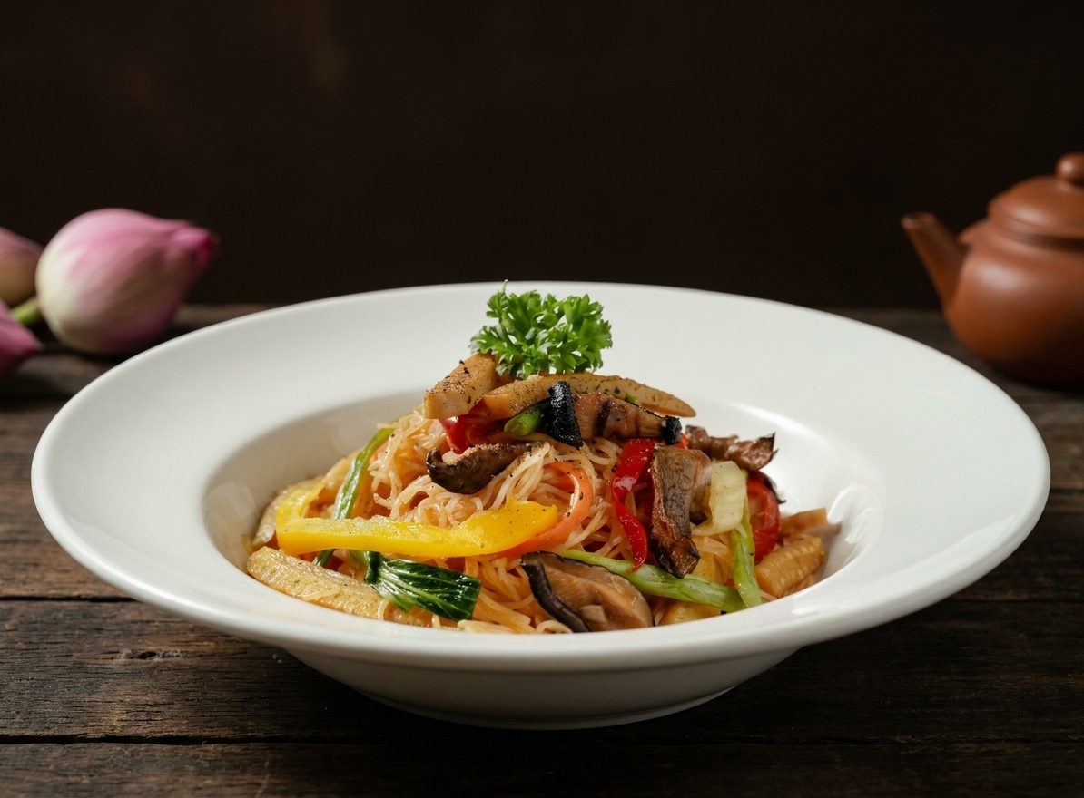 Hủ tiếu xào rau củ nấm trên dĩa trắng