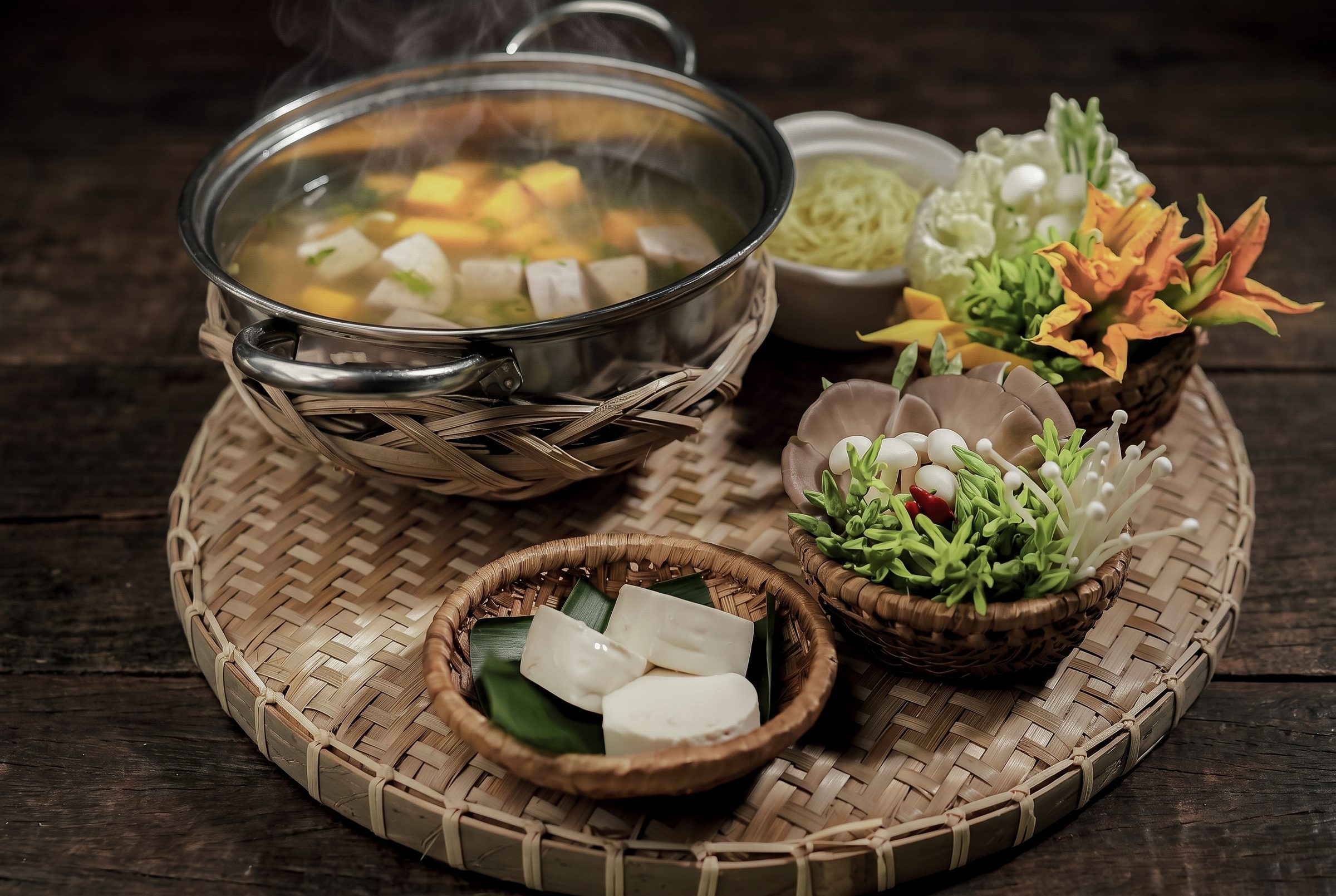 Mâm lẩu chua cay dọn trên mẹt tre với hoa chuối rừng