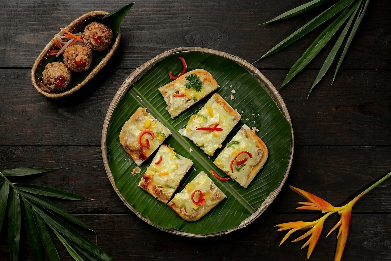 Pizza chay cắt lát trên mẹt lá chuối